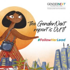 A vibrant, illustrated announcement graphic celebrating that 'The GenderNext report is OUT!'. It features a confident, modern Indian woman walking through a cityscape, symbolizing the progressive female representation discussed in the research. This study provides the crucial insights behind the ASCI Report on 10 COMMON GENDER STEREOTYPES IN ADVERTISING, Published on December 13, 2021, using the hashtag #FollowHerLead to promote the findings.