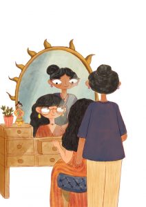 A heartwarming illustration used to discuss the topic of the 10 COMMON GENDER STEREOTYPES IN ADVERTISING, Published on December 13, 2021. It depicts two Indian women, a younger one sitting at a vanity and an older one standing behind her, both looking at their reflections in a beautiful mirror. The image captures a moment of intergenerational connection and self-perception, challenging traditional portrayals of women in media.